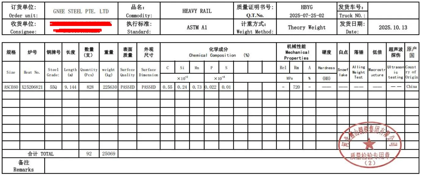 55Q 60LB RAIL MTC 55Q 60LB RAIL MTC